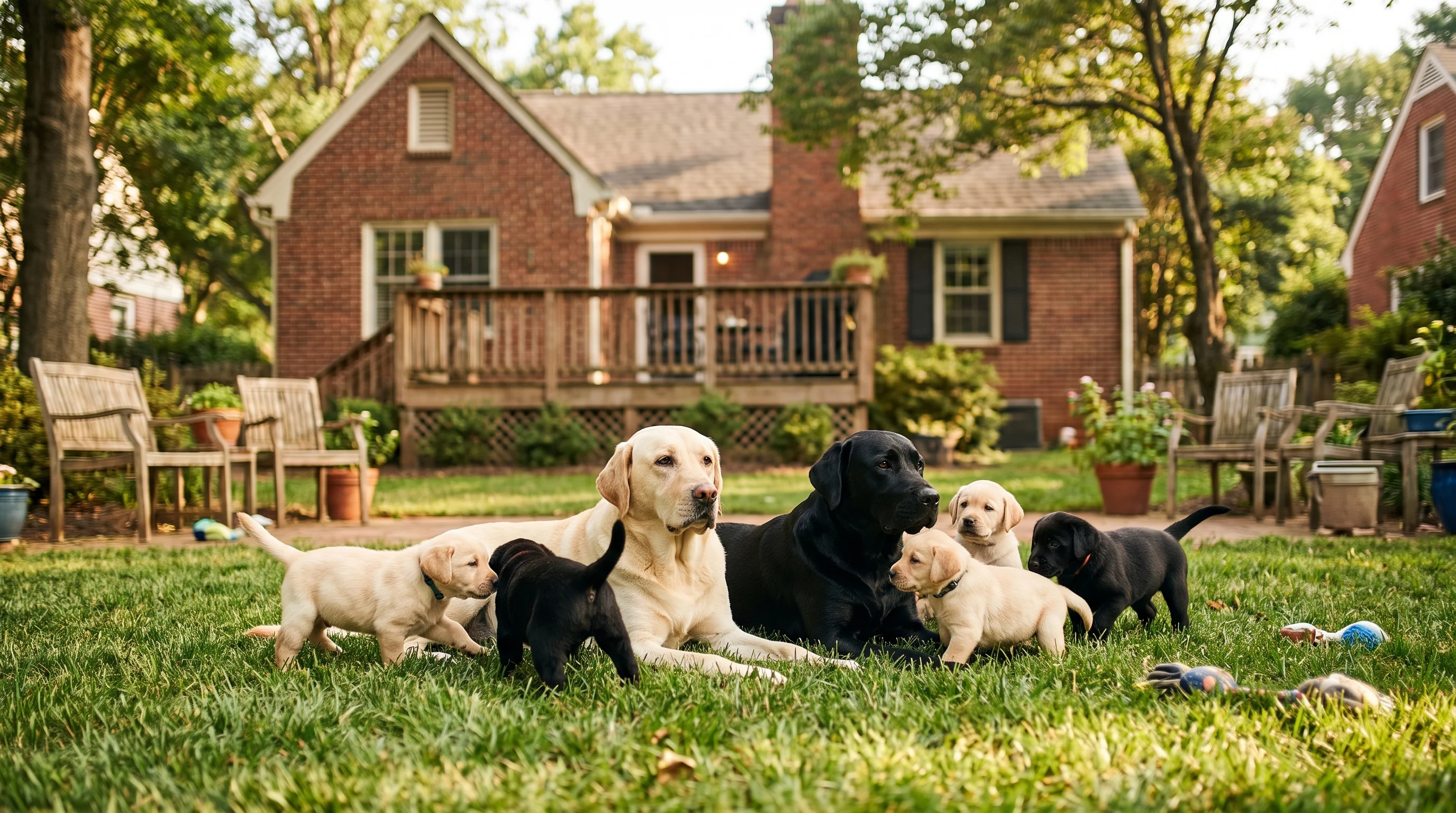 Yellow and black Labrador parents Brody and Sable with home-raised pups on a Charlotte family property
