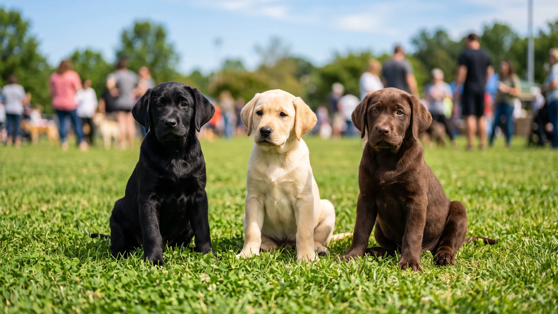 Black, yellow, and chocolate Labrador Retriever puppies together on green grass at a sunny Charlotte family meet-and-greet