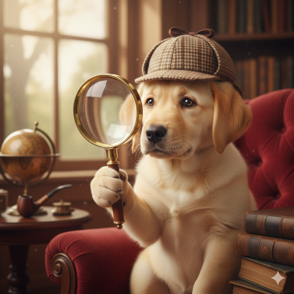 Golden Retriever puppy wearing detective hat searching with magnifying glass - Page Not Found