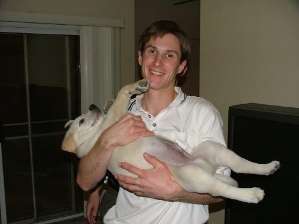Tripper holding a yellow lab puppy