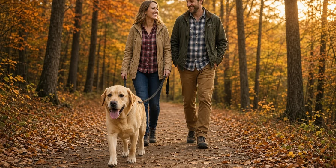 A couple walking their yellow Labrador on a leash along a wooded trail lined with fall leaves