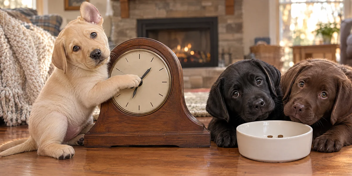 Yellow Lab puppy pawing the hand of a mantel clock while black and chocolate Lab puppies look at a nearly empty food bowl by the fireplace.