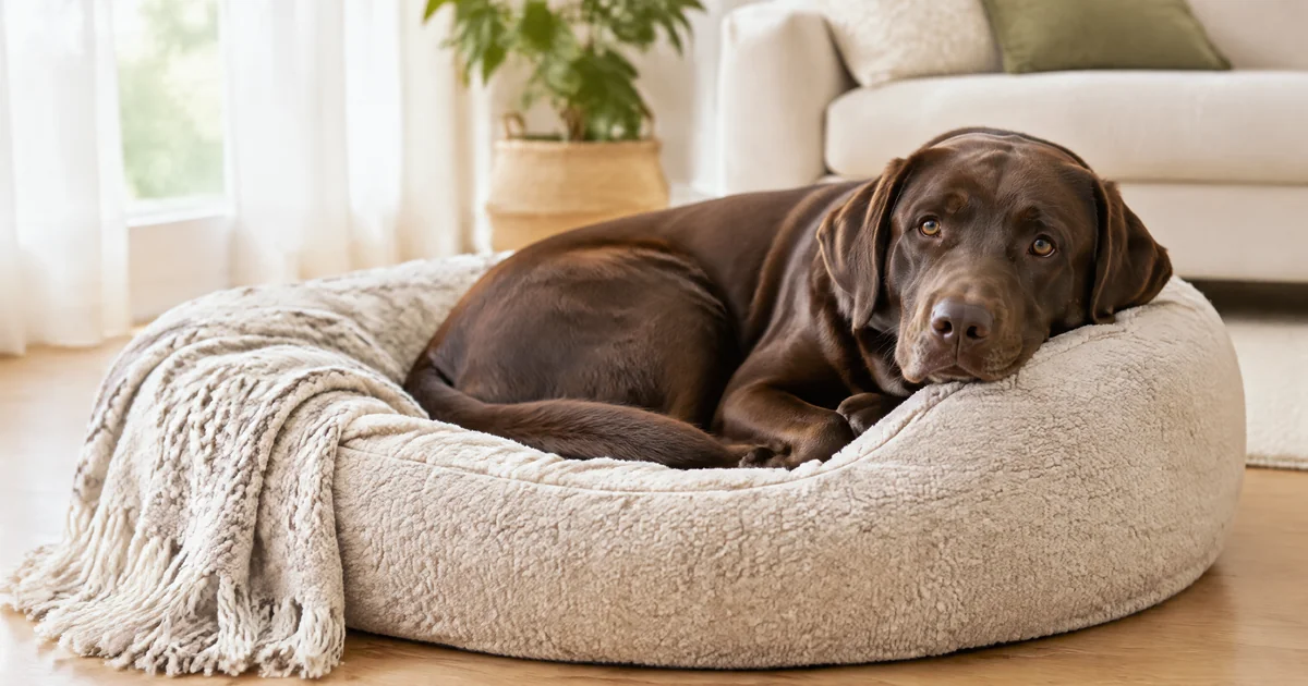 Chocolate Labrador resting on a cream sherpa bed in a sunny living room