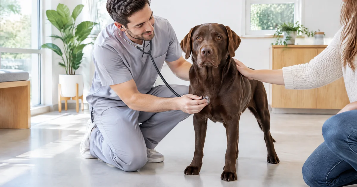 Veterinarian listening to a calm chocolate Labrador's chest with a stethoscope while her owner rests a hand on her shoulder